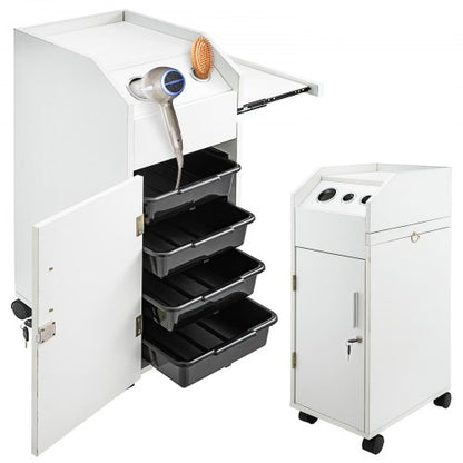 Salon SPA Beauty Hairdressing Cart White Storage Trolley with 4 Drawers Rolling Wheels Lockable 2 Keys with Hairdryer Holder Space-Saving Side Tray