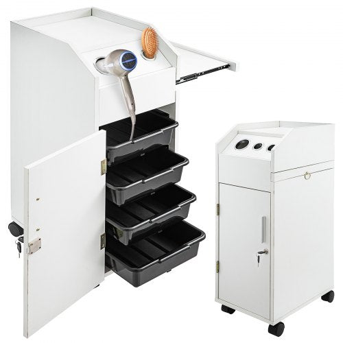 Salon SPA Beauty Hairdressing Cart White Storage Trolley with 4 Drawers Rolling Wheels Lockable 2 Keys with Hairdryer Holder Space-Saving Side Tray