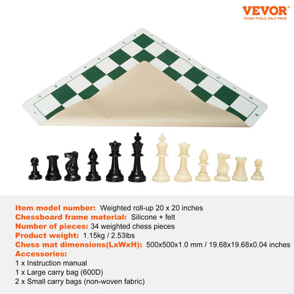 Tournament Chess Set, 20 Inch Roll-Up Beginner Chess Board, Foldable Silicone Chess Game with Plastic Weighted Chess Pieces & Storage Bag, Portable Travel Chess Board Gift for Adult Kid Family