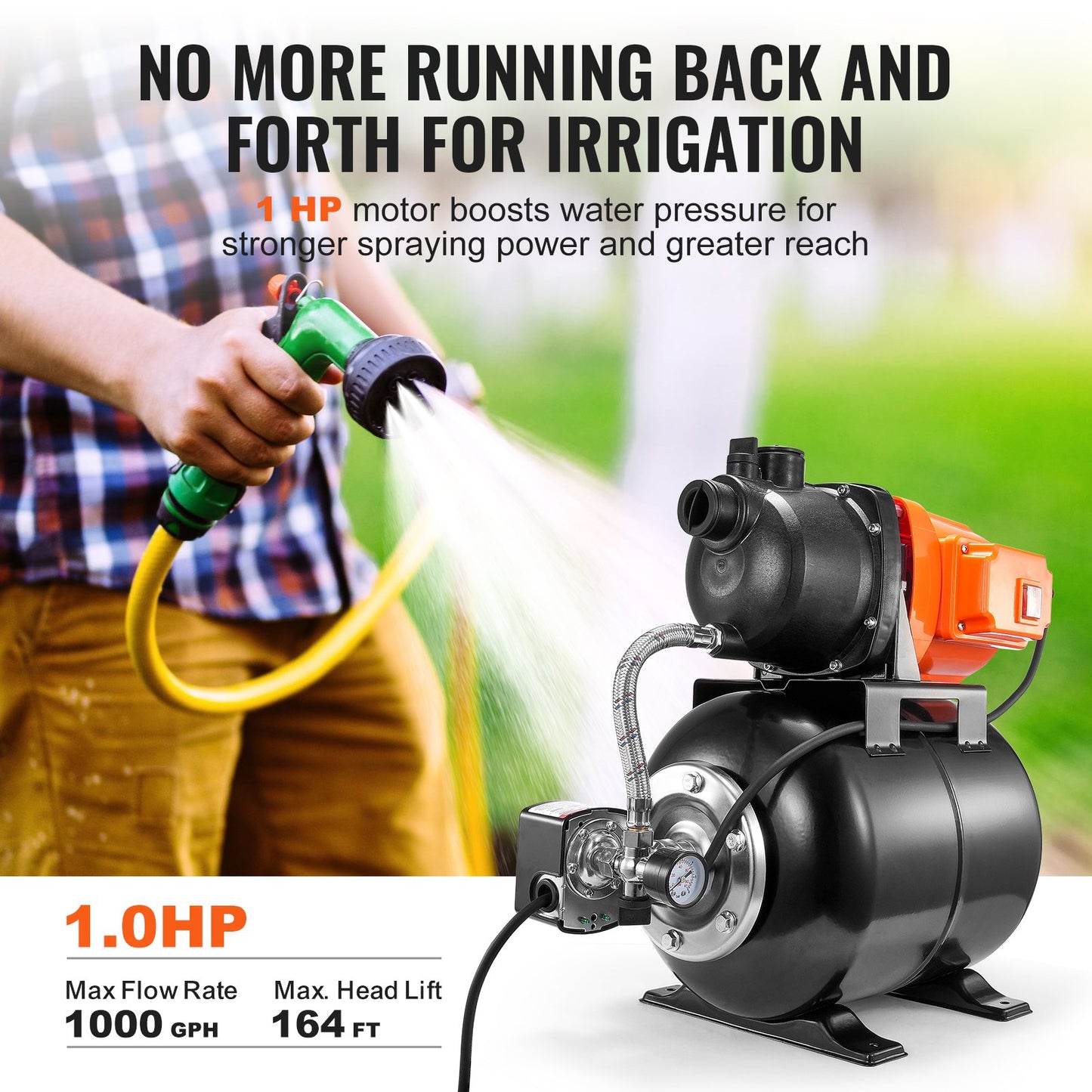 1HP Shallow Well Pump with Pressure Tank 1000GPH Irrigation Booster Pump