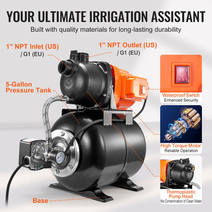 1HP Shallow Well Pump med trycktank 1000GPH bevattningsförstärkningspump