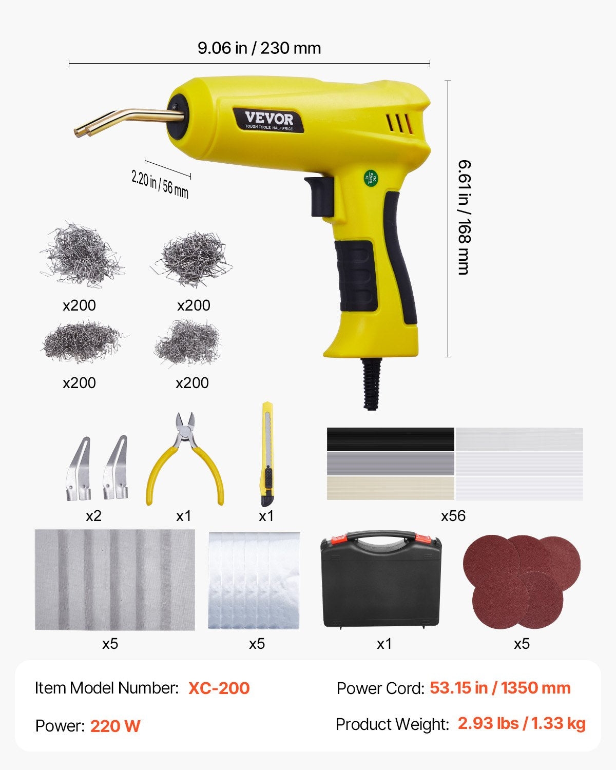 Kunststoffschweißgerät, 220 W, Kunststoffschweißpistolen-Set mit 800 Klammern und 56 Stäben