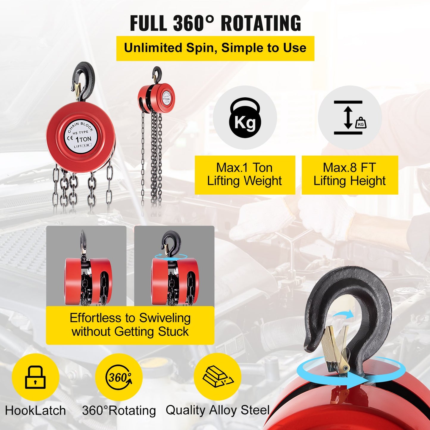 Hand Chain Hoist, 2200 lbs /1 Ton Capacity Chain Block, 8ft/2.5m Lift Manual Hand Chain Block, Manual Hoist with Industrial-Grade Steel Construction for Lifting Good in Transport & Workshop, Red