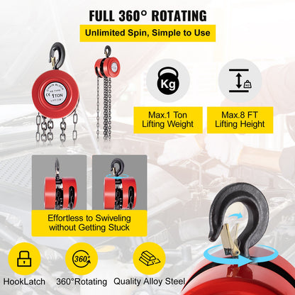 Hand Chain Hoist, 2200 lbs /1 Ton Capacity Chain Block, 8ft/2.5m Lift Manual Hand Chain Block, Manual Hoist with Industrial-Grade Steel Construction for Lifting Good in Transport & Workshop, Red