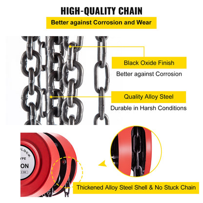 Hand Chain Hoist, 2200 lbs /1 Ton Capacity Chain Block, 8ft/2.5m Lift Manual Hand Chain Block, Manual Hoist with Industrial-Grade Steel Construction for Lifting Good in Transport & Workshop, Red