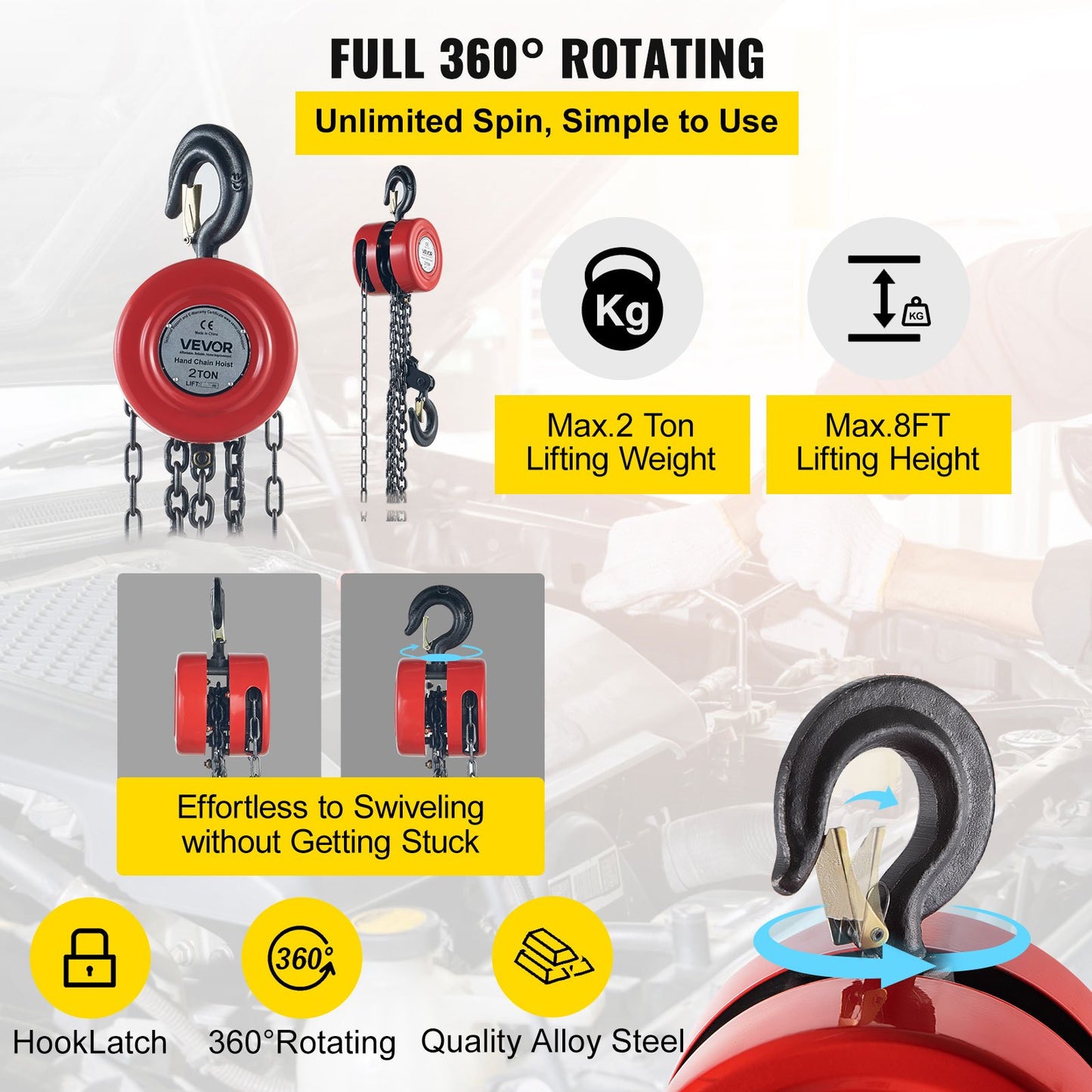 Hand Chain Hoist, 4400 lbs /2 Ton Capacity Chain Block, 8ft/2.5m Lift Manual Hand Chain Block, Manual Hoist with Industrial-Grade Steel Construction for Lifting Good in Transport & Workshop, Red