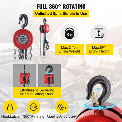 Hand Chain Hoist, 4400 lbs /2 Ton Capacity Chain Block, 8ft/2.5m Lift Manual Hand Chain Block, Manual Hoist with Industrial-Grade Steel Construction for Lifting Good in Transport & Workshop, Red