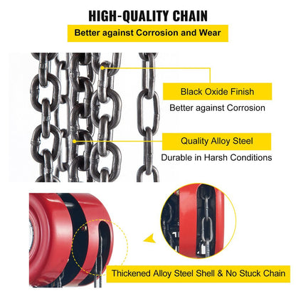 Hand Chain Hoist, 4400 lbs /2 Ton Capacity Chain Block, 8ft/2.5m Lift Manual Hand Chain Block, Manual Hoist with Industrial-Grade Steel Construction for Lifting Good in Transport & Workshop, Red
