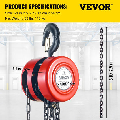 Hand Chain Hoist, 4400 lbs /2 Ton Capacity Chain Block, 8ft/2.5m Lift Manual Hand Chain Block, Manual Hoist with Industrial-Grade Steel Construction for Lifting Good in Transport & Workshop, Red