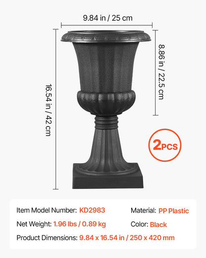 Plastic Urn Planters, 9.8 x 16.5 Inch, 2 Pack Black Classic Flower Pots Front Porch Planters, Indoor & Outdoor Vase for Wedding, Party, Event, Home, Stage, Garden, Balcony, Patio Decoration