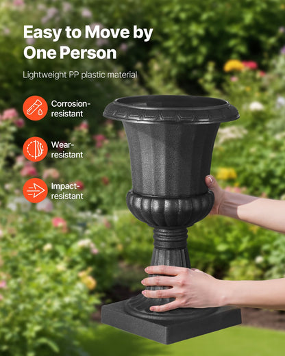 Plastic Urn Planters, 9.8 x 16.5 Inch, 2 Pack Black Classic Flower Pots Front Porch Planters, Indoor & Outdoor Vase for Wedding, Party, Event, Home, Stage, Garden, Balcony, Patio Decoration