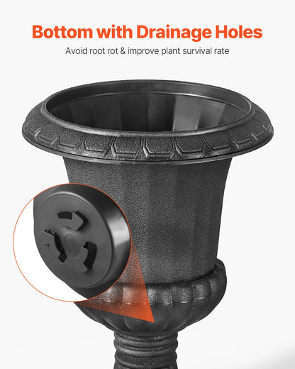 Plastic Urn Planters, 9.8 x 16.5 Inch, 2 Pack Black Classic Flower Pots Front Porch Planters, Indoor & Outdoor Vase for Wedding, Party, Event, Home, Stage, Garden, Balcony, Patio Decoration