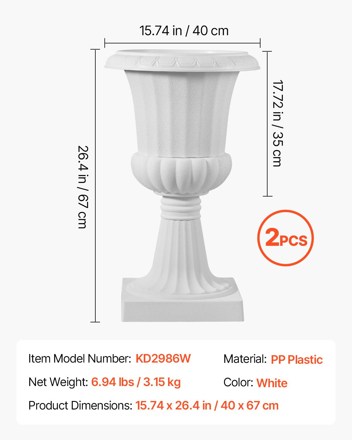 Plastic Urn Planters, 15.8 x 26.4 Inch, 2 Pack White Classic Flower Pots Front Porch Planters, Indoor & Outdoor Vase for Wedding, Party, Event, Home, Stage, Garden, Balcony, Patio Decoration