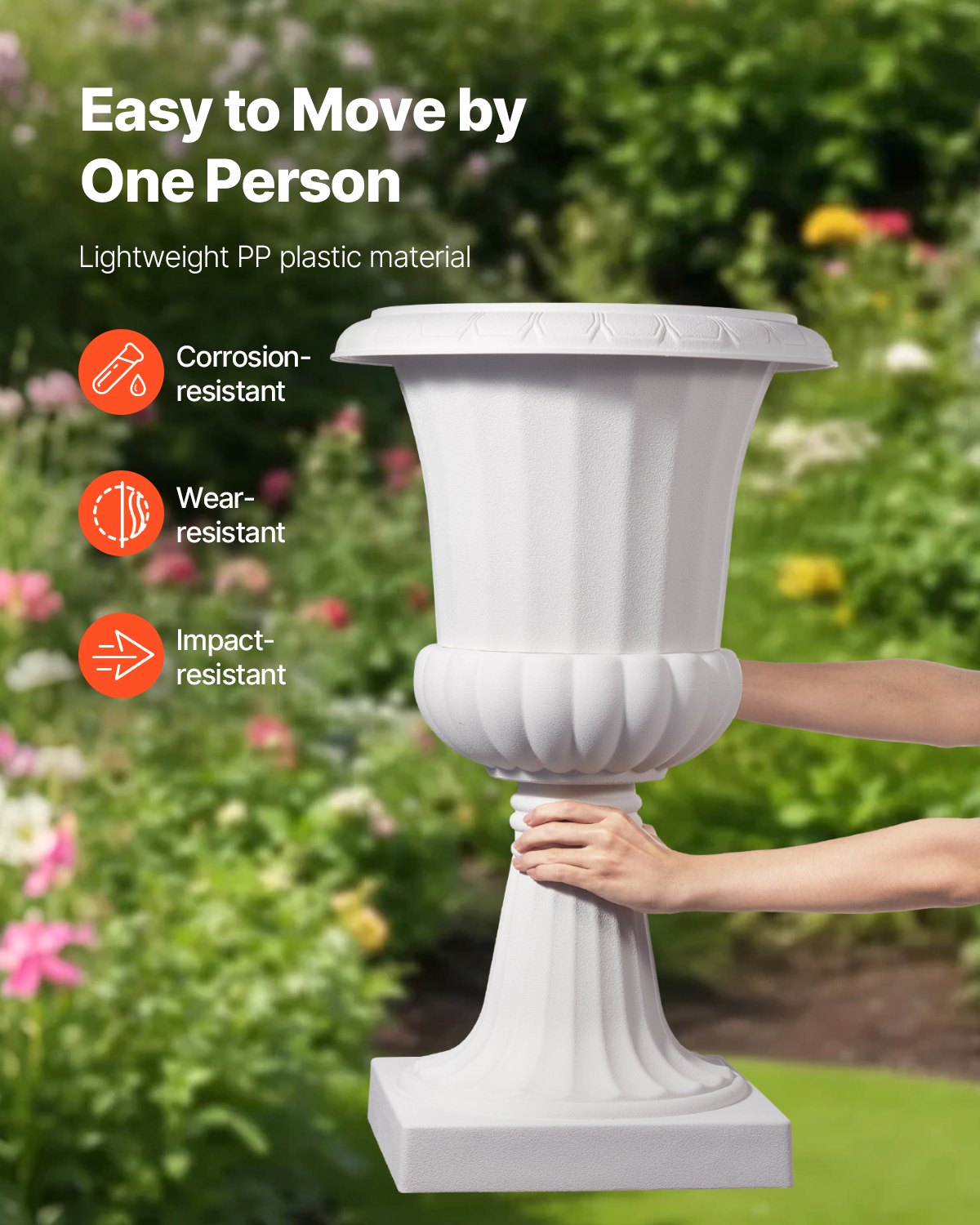 Plastic Urn Planters, 15.8 x 26.4 Inch, 2 Pack White Classic Flower Pots Front Porch Planters, Indoor & Outdoor Vase for Wedding, Party, Event, Home, Stage, Garden, Balcony, Patio Decoration