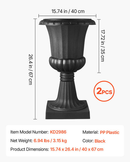 Plastic Urn Planters, 15.8 x 26.4 Inch, 2 Pack Black Classic Flower Pots Front Porch Planters, Indoor & Outdoor Vase for Wedding, Party, Event, Home, Stage, Garden, Balcony, Patio Decoration