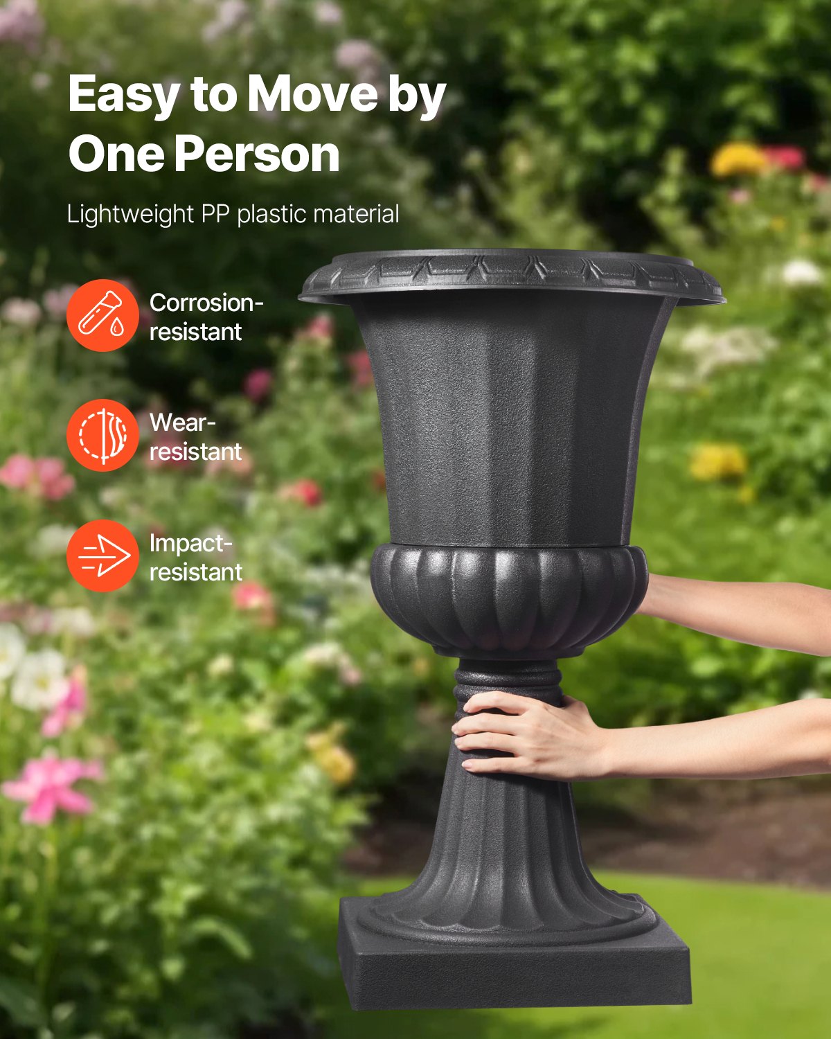 Plastic Urn Planters, 15.8 x 26.4 Inch, 2 Pack Black Classic Flower Pots Front Porch Planters, Indoor & Outdoor Vase for Wedding, Party, Event, Home, Stage, Garden, Balcony, Patio Decoration