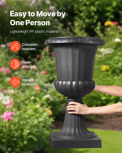 Plastic Urn Planters, 15.8 x 26.4 Inch, 2 Pack Black Classic Flower Pots Front Porch Planters, Indoor & Outdoor Vase for Wedding, Party, Event, Home, Stage, Garden, Balcony, Patio Decoration