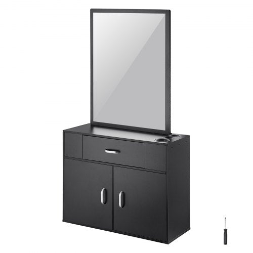 Salon Organizer, Wall-Hanging Unit for Hairdressers, Complete with 3 Holders, Mirror, Dual-Door Storage, and Single Drawer, Black