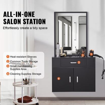 Salon Organizer, Wall-Hanging Unit for Hairdressers, Complete with 3 Holders, Mirror, Dual-Door Storage, and Single Drawer, Black