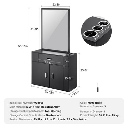 Salon-Aufbewahrungsschrank, wandmontierte Friseursalon-Station für Friseure, Friseurstations-Set, mit 3 Fächern, einem Spiegel, einem Doppeltürschrank und einer Schublade, Schwarz