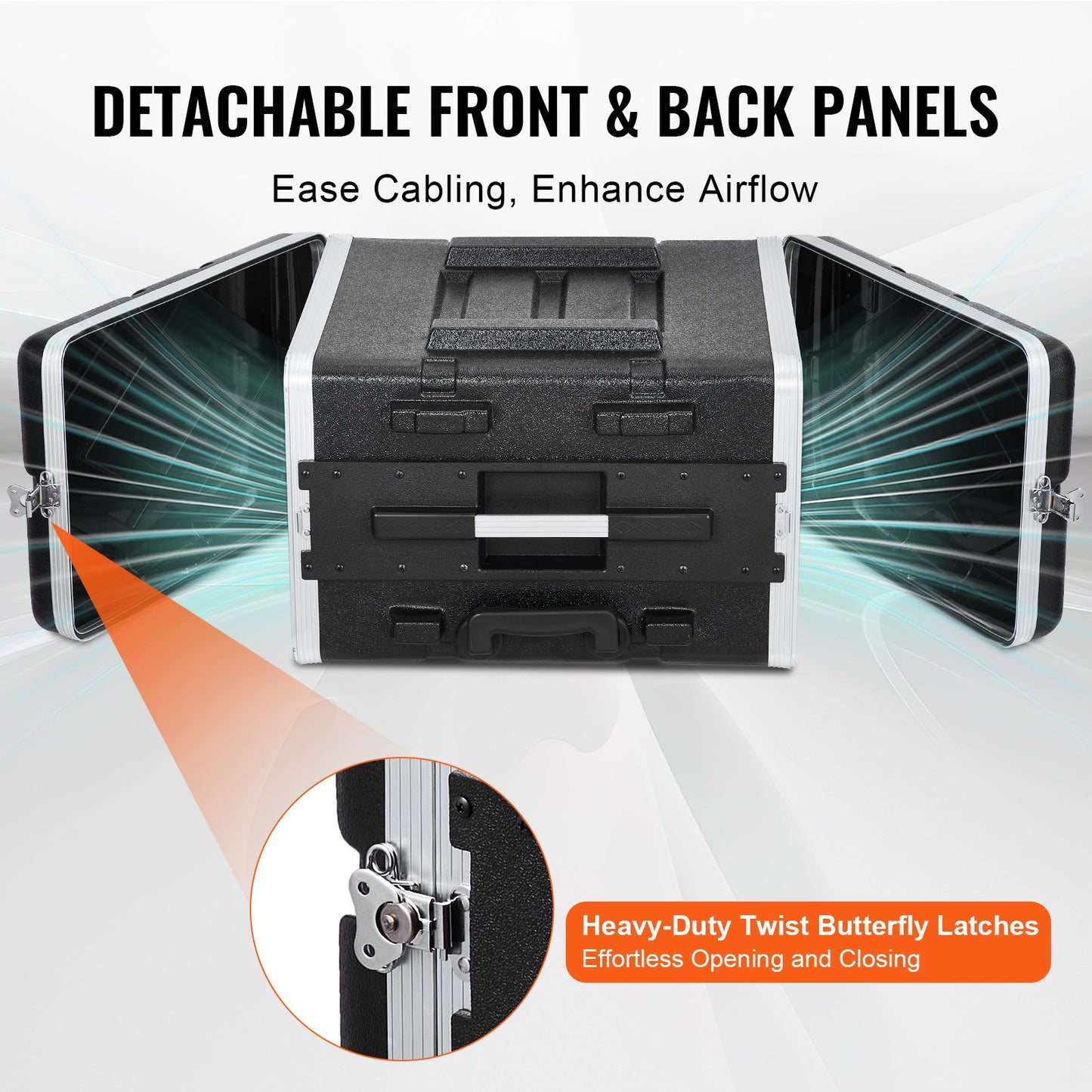6U Rack Case, Standard 19 in Depth, Server Rack Cabinet with ABS Construction Wheels Heavy-Duty Twist Butterfly Latches, Detachable Front & Back Panels, for Amps, Mixers, Microphone Receivers
