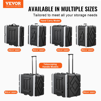 6U Rack Case, Standard 19 in Depth, Server Rack Cabinet with ABS Construction Wheels Heavy-Duty Twist Butterfly Latches, Detachable Front & Back Panels, for Amps, Mixers, Microphone Receivers
