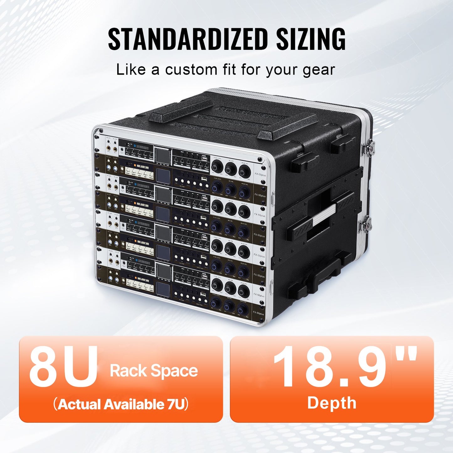 8U Rack Case, Standard 19 in Depth, Server Rack Cabinet with ABS Construction Wheels Heavy-Duty Twist Butterfly Latches, Detachable Front & Back Panels, for Amps, Mixers, Microphone Receivers