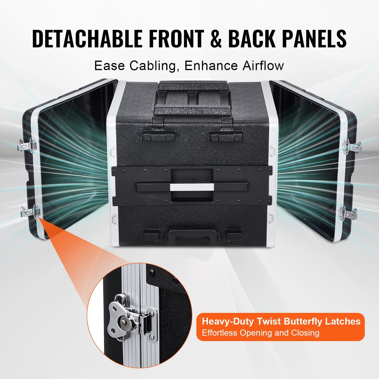 8U Rack Case, Standard 19 in Depth, Server Rack Cabinet with ABS Construction Wheels Heavy-Duty Twist Butterfly Latches, Detachable Front & Back Panels, for Amps, Mixers, Microphone Receivers