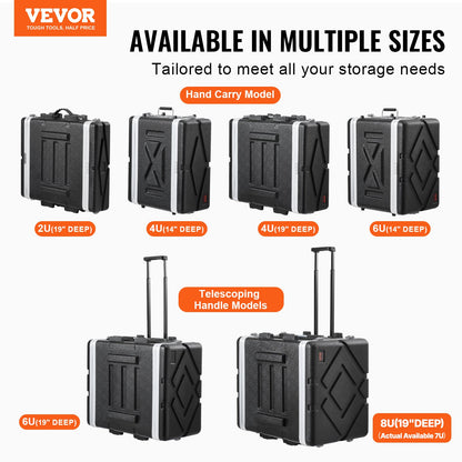 8U Rack Case, Standard 19 in Depth, Server Rack Cabinet with ABS Construction Wheels Heavy-Duty Twist Butterfly Latches, Detachable Front & Back Panels, for Amps, Mixers, Microphone Receivers