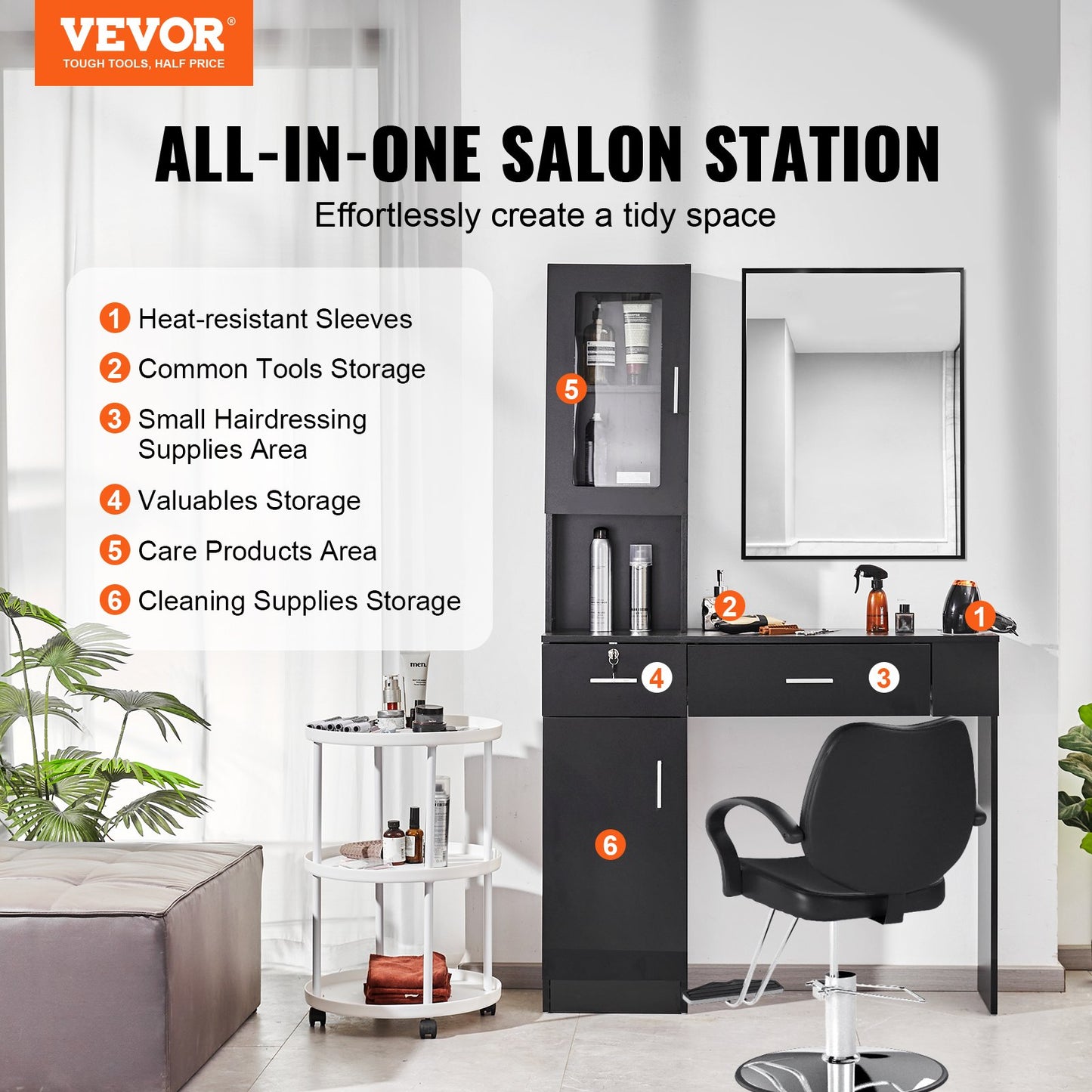 Salonstation, wandmontierte Friseursalonstation für Friseure, Beauty-Spa-Möbelset, 1 Lagerschrank, 3 Fächer und 2 Schubladen (eine abschließbar), Schwarz