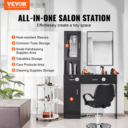 Salonstation, wandmontierte Friseursalonstation für Friseure, Beauty-Spa-Möbelset, 1 Lagerschrank, 3 Fächer und 2 Schubladen (eine abschließbar), Schwarz