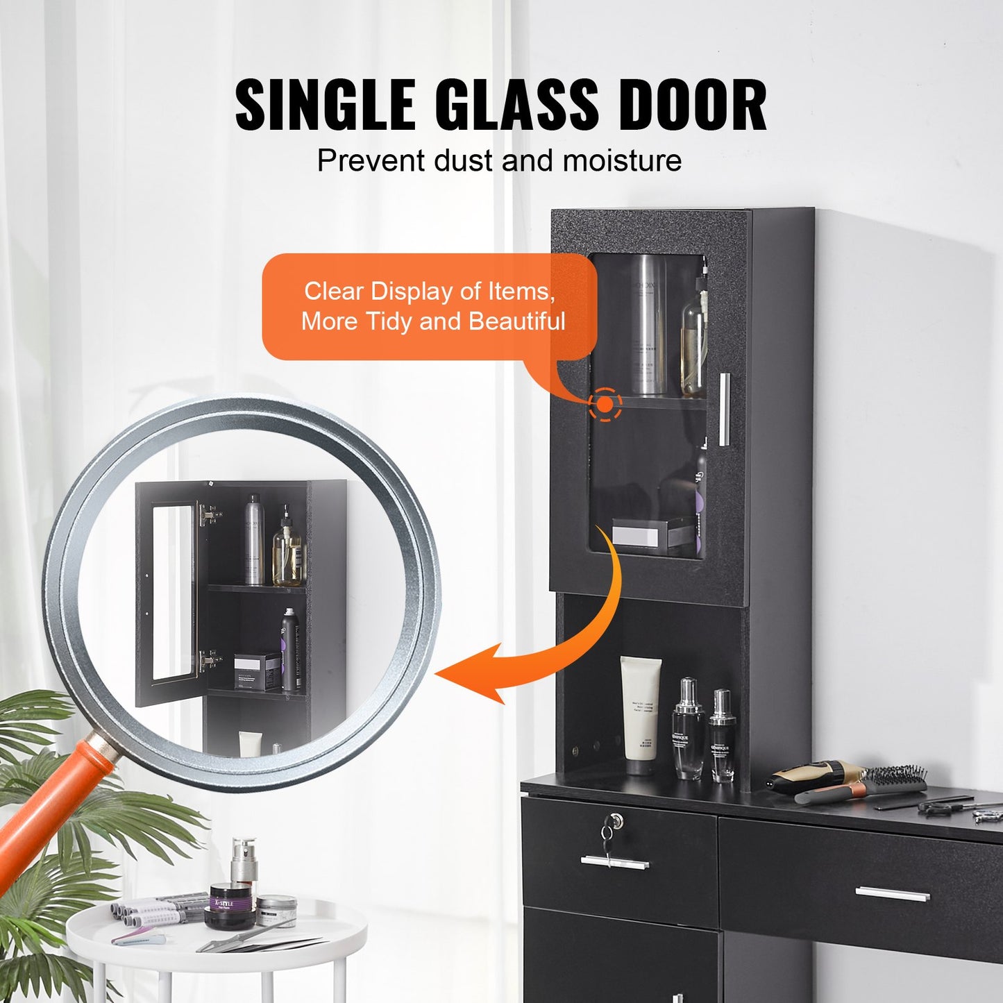 Salonstation, wandmontierte Friseursalonstation für Friseure, Beauty-Spa-Möbelset, 1 Lagerschrank, 3 Fächer und 2 Schubladen (eine abschließbar), Schwarz