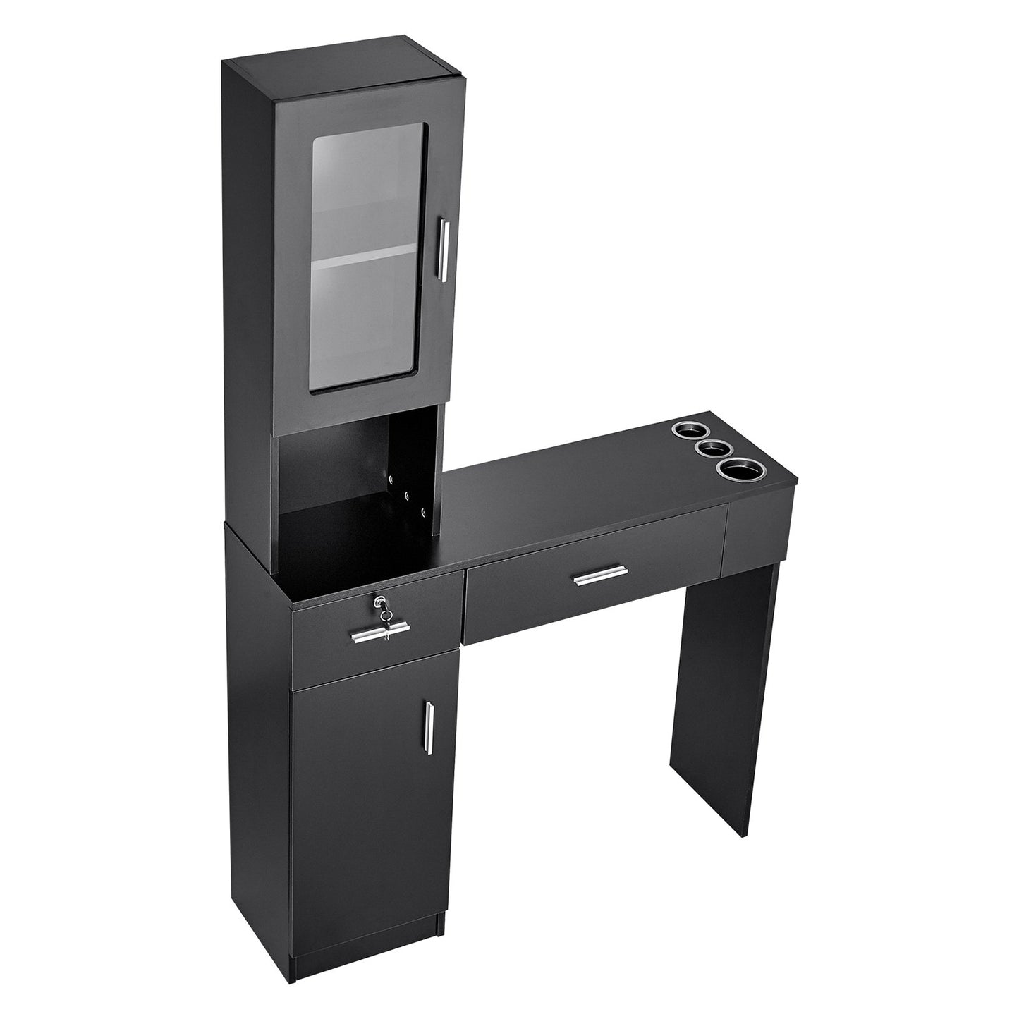 Salonstation, wandmontierte Friseursalonstation für Friseure, Beauty-Spa-Möbelset, 1 Lagerschrank, 3 Fächer und 2 Schubladen (eine abschließbar), Schwarz