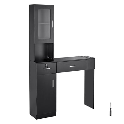 Salonstation, wandmontierte Friseursalonstation für Friseure, Beauty-Spa-Möbelset, 1 Lagerschrank, 3 Fächer und 2 Schubladen (eine abschließbar), Schwarz