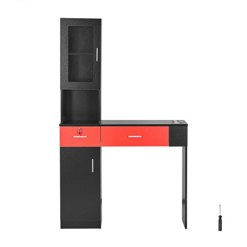 Salon Workstation, Wall-Mounted Unit for Hair Professionals, Spa Styling Storage Solution, Includes Cabinet, 3 Shelves & 2 Drawers (One with Lock), in Black & Red