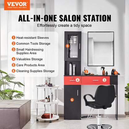 Salonstation, wandmontierte Friseurstation für Friseure, Beauty-Spa-Möbelset, 1 Lagerschrank, 3 Fächer und 2 Schubladen (eine abschließbar), Schwarz und Rot