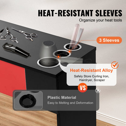 Salonstation, wandmontierte Friseurstation für Friseure, Beauty-Spa-Möbelset, 1 Lagerschrank, 3 Fächer und 2 Schubladen (eine abschließbar), Schwarz und Rot