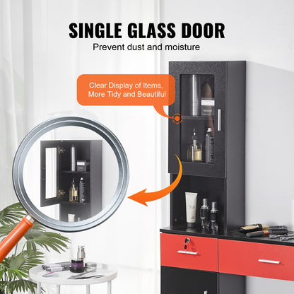 Salonstation, wandmontierte Friseurstation für Friseure, Beauty-Spa-Möbelset, 1 Lagerschrank, 3 Fächer und 2 Schubladen (eine abschließbar), Schwarz und Rot