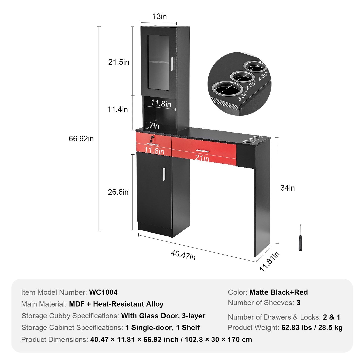 Salonstation, wandmontierte Friseurstation für Friseure, Beauty-Spa-Möbelset, 1 Lagerschrank, 3 Fächer und 2 Schubladen (eine abschließbar), Schwarz und Rot