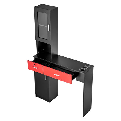 Salonstation, wandmontierte Friseurstation für Friseure, Beauty-Spa-Möbelset, 1 Lagerschrank, 3 Fächer und 2 Schubladen (eine abschließbar), Schwarz und Rot