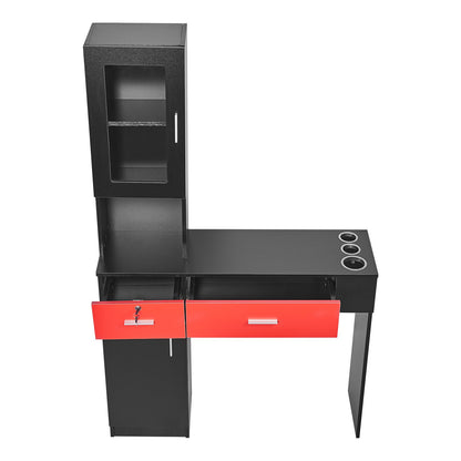 Salonstation, wandmontierte Friseurstation für Friseure, Beauty-Spa-Möbelset, 1 Lagerschrank, 3 Fächer und 2 Schubladen (eine abschließbar), Schwarz und Rot