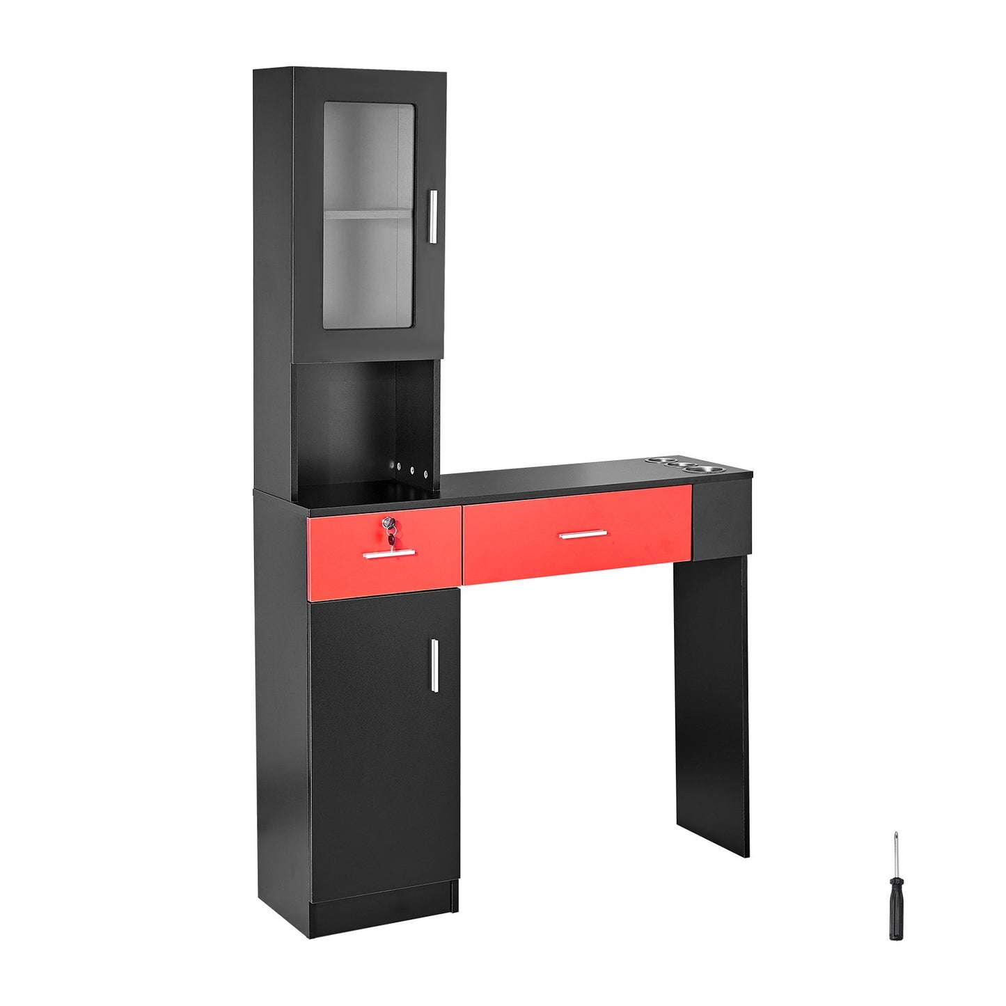 Salonstation, wandmontierte Friseurstation für Friseure, Beauty-Spa-Möbelset, 1 Lagerschrank, 3 Fächer und 2 Schubladen (eine abschließbar), Schwarz und Rot