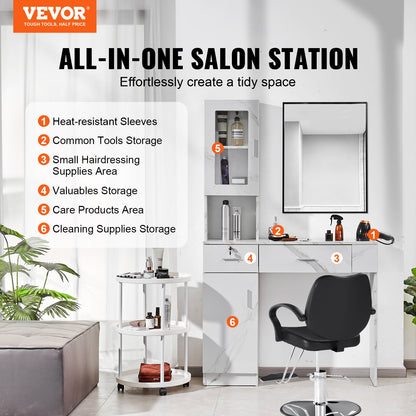 Salon Workstation, Wall-Mounted Unit for Hair Professionals, Spa Styling Storage Solution, Includes 1 Cabinet, 3 Shelves, 2 Drawers (1 with Lock), in White