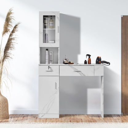 Salon Workstation, Wall-Mounted Unit for Hair Professionals, Spa Styling Storage Solution, Includes 1 Cabinet, 3 Shelves, 2 Drawers (1 with Lock), in White