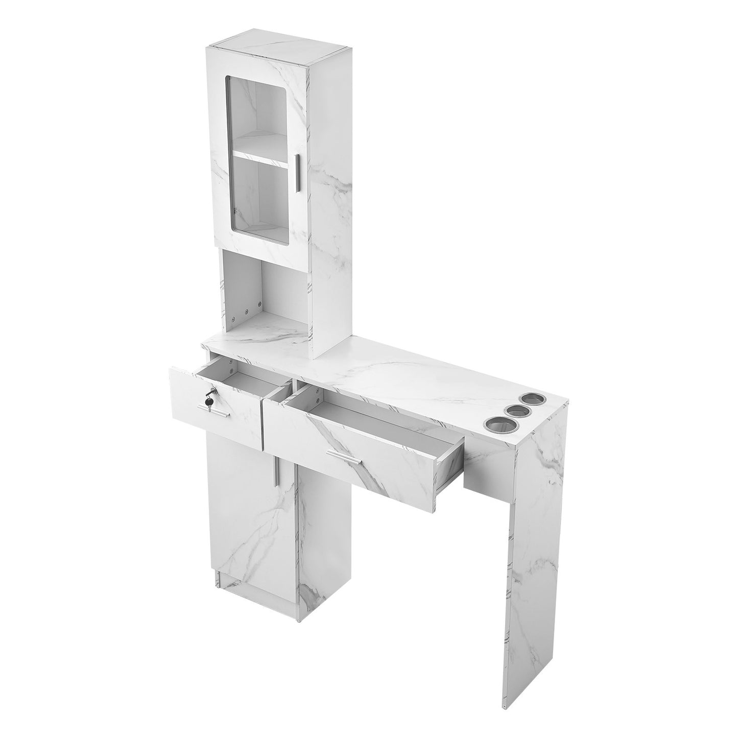 Salon Workstation, Wall-Mounted Unit for Hair Professionals, Spa Styling Storage Solution, Includes 1 Cabinet, 3 Shelves, 2 Drawers (1 with Lock), in White