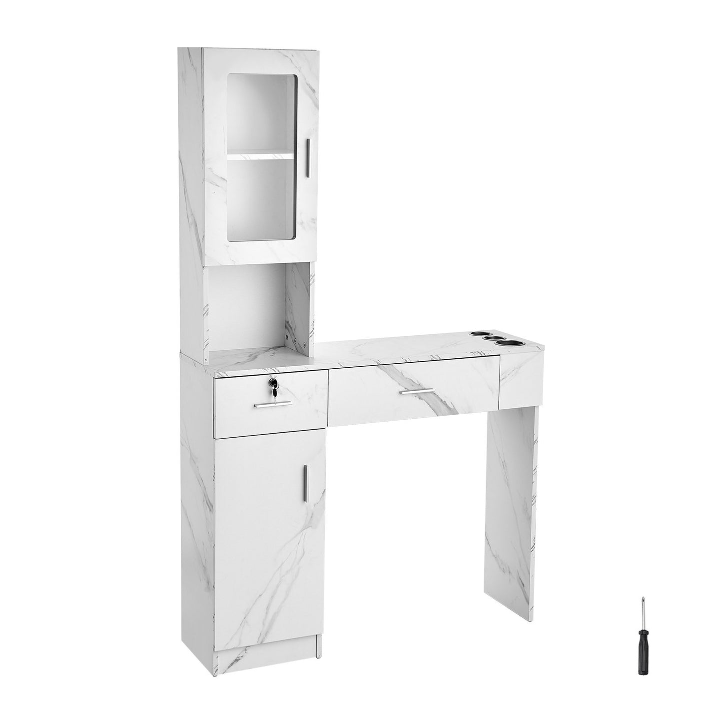 Salon Workstation, Wall-Mounted Unit for Hair Professionals, Spa Styling Storage Solution, Includes 1 Cabinet, 3 Shelves, 2 Drawers (1 with Lock), in White