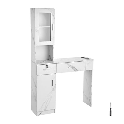 Salon Workstation, Wall-Mounted Unit for Hair Professionals, Spa Styling Storage Solution, Includes 1 Cabinet, 3 Shelves, 2 Drawers (1 with Lock), in White