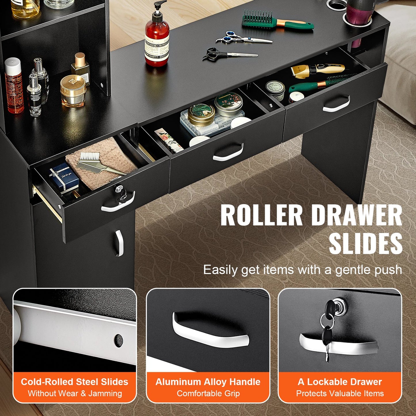 Salong Station, Väggmonterad Frisörsalong Station för frisör, Beauty Spa Möbelset, 1 förvaringsskåp, 3 öppna Cubbies och 3 lådor (en låsbar), svart