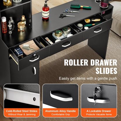 Salong Station, Väggmonterad Frisörsalong Station för frisör, Beauty Spa Möbelset, 1 förvaringsskåp, 3 öppna Cubbies och 3 lådor (en låsbar), svart