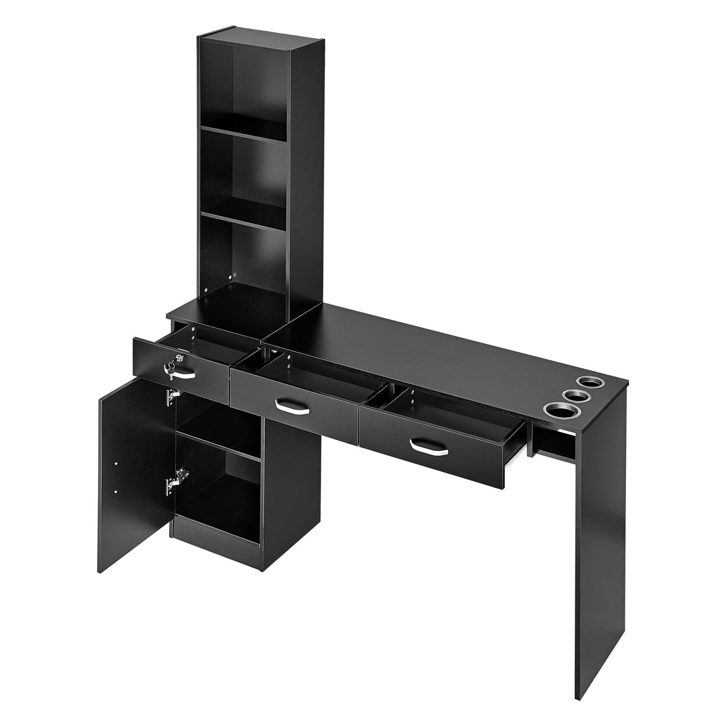 Salong Station, Väggmonterad Frisörsalong Station för frisör, Beauty Spa Möbelset, 1 förvaringsskåp, 3 öppna Cubbies och 3 lådor (en låsbar), svart